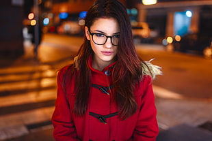 women's red parka jacket, women, Delaia Gonzalez , portrait, women with glasses
