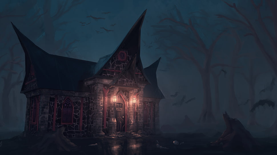 gray concrete house during nighttime painting HD wallpaper