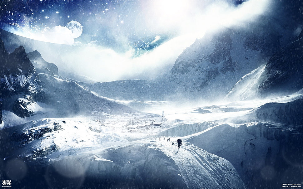 photo of mountain coated snow with a scene of moon HD wallpaper