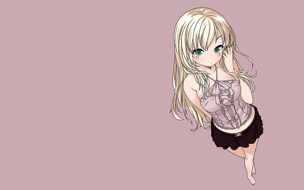 female anime in pink top and black skirt HD wallpaper