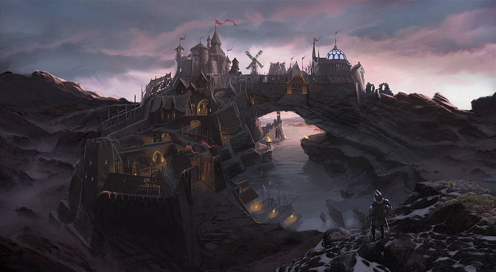 gray and brown castle above the river digital wallpaper, fantasy art, knight, castle, The Elder Scrolls V: Skyrim HD wallpaper