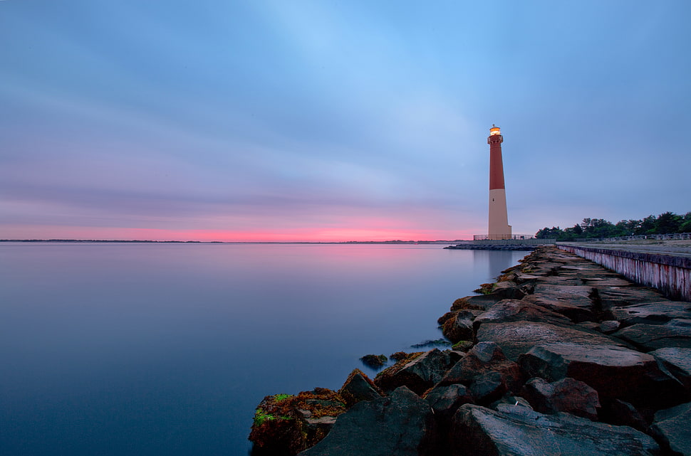 white and red lighthouse beside calm body of water HD wallpaper