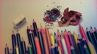 assorted-color pencil lot and white plastic sharpener, pencils, pencil sharpener HD wallpaper
