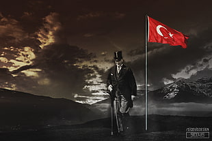 man holding golf club beside Turkey flag digital wallpaper, Mustafa Kemal Atatürk