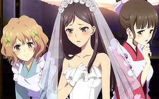 anime woman wearing white gown standing in the middle of two woman