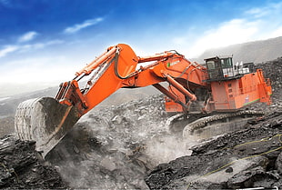 orange excavator, construction vehicles, rock, excavator