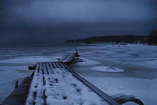 gray scale photo of snowed beach dock