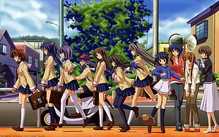group of anime chasters walking beside road HD wallpaper