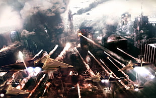fighter jets firing on city buildings HD wallpaper