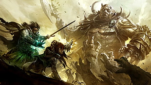 two male and female warriors versus monster digital poster, video games, Guild Wars 2, artwork