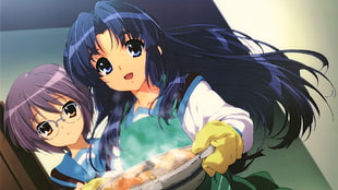 woman anime character holding cook food beside woman near door