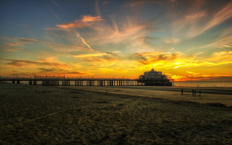 black dock and seashore, beach, sunset, sunlight, sky HD wallpaper