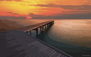 rectangular brown wooden coffee table, vector, pier, sunset, sea HD wallpaper