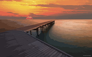 rectangular brown wooden coffee table, vector, pier, sunset, sea