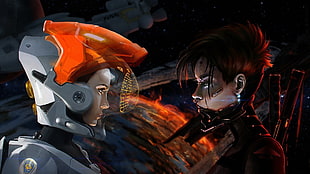 two women facing each other wallpaper, artwork, science fiction, short hair, space