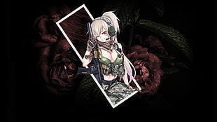 white-haired female anime character digital wallpaper, anime, soldier, flowers, gun