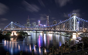 beige concrete bridge with lightrs, bridge, night, cityscape, Brisbane