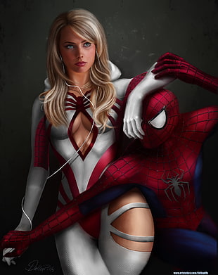 Margot Robbie and Spider-Man digital wallpaper