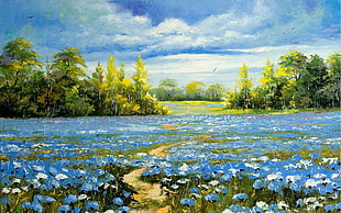 blue-and-white flower field painting, landscape