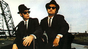 men's black 2-piece suit, black necktie and white dress pants, movies, Blues Brothers, Dan Aykroyd, John Belushi