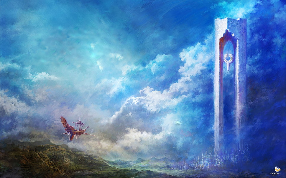 digital painting of ship and tower, fantasy art, Aion, video games HD wallpaper