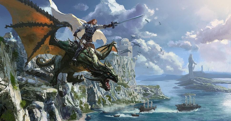 man riding dragon while holding sword game illustration HD wallpaper
