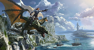 man riding dragon while holding sword game illustration