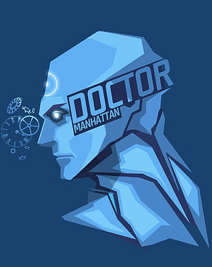 Doctor Manhattan logo, Doctor Manhattan, DC Comics, blue background