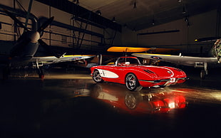 red coupe, Corvette, car, red cars, airplane