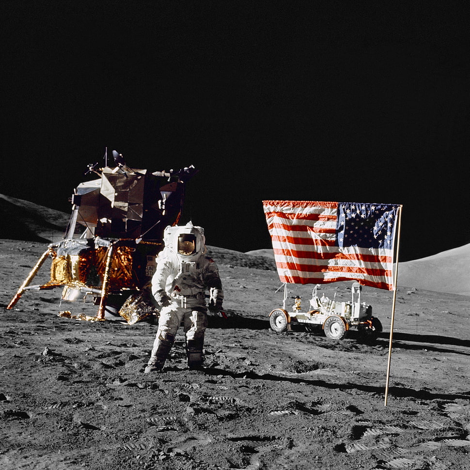flag of U.S.A and asrtronaut, Moon, Apollo, astronaut HD wallpaper