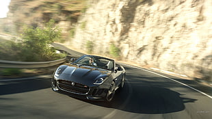 black convertible coupe, Jaguar F-Type, Jaguar (car), vehicle, road