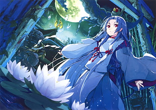 female anime character with blue traditional dress, red eyes, purple hair standing near lotus flowers with moon on the background