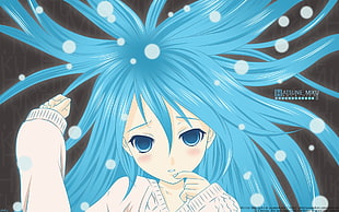 blue haired female anime character digital wallpaper