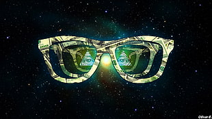 dollar-themed 3D glasses, universe, Illuminati, money, triangle