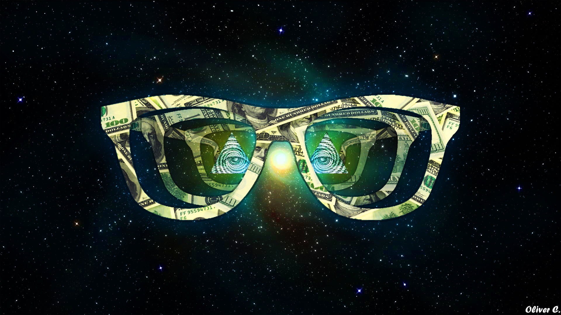 dollar-themed 3D glasses, universe, Illuminati, money, triangle