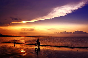 silhouette of four person in the seashore during sunset HD wallpaper
