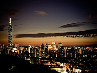 black buildings, Taipei, sky, lights, cityscape HD wallpaper