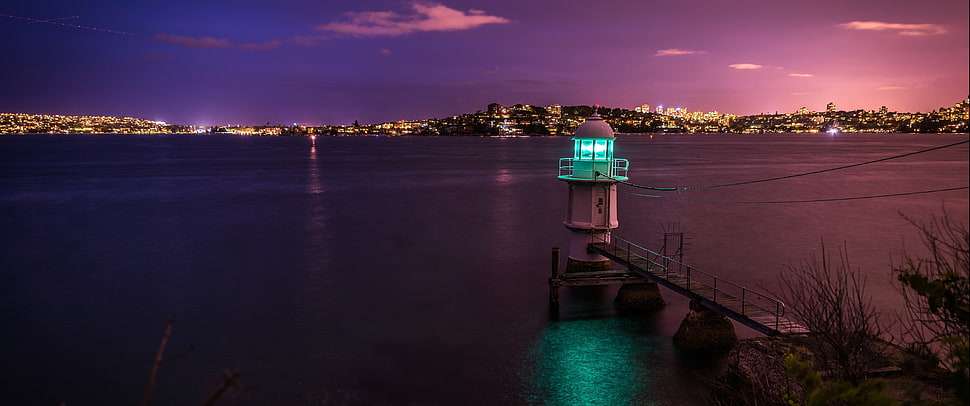 white lighthouse, lighthouse, harbor, night HD wallpaper
