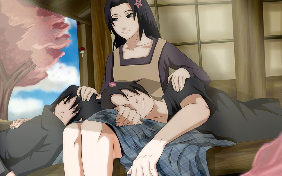 photo of Uchiha Itachi and Sasuke sleeping on their mother's lap HD wallpaper