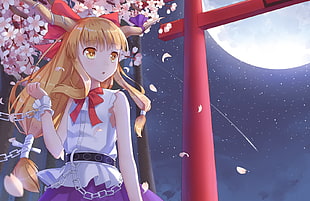 female anime character digital wallpaper, blonde, dress, horns, Ibuki Suika
