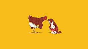two hen and cat illustration, chickens, cat, minimalism, animals