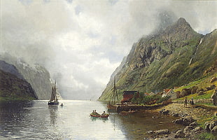sail boat painting, painting, landscape, Norway, villages