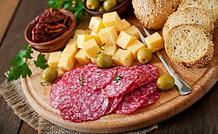 assorted variety of foods, food, bread, cheese, sausage