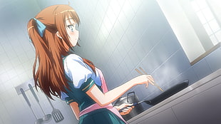 female anime character in blue school uniform cooking on the kitchen