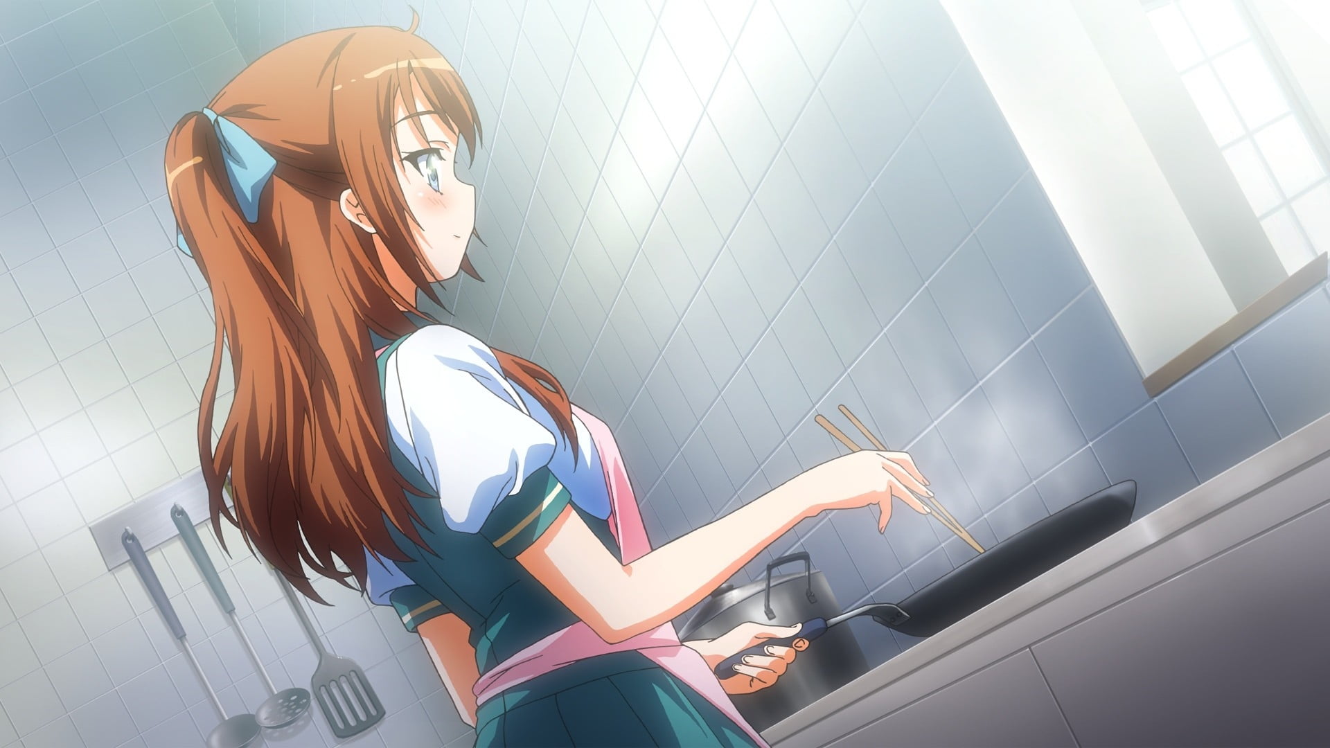 Female anime character in blue school uniform cooking on the kitchen HD  wallpaper | Wallpaper Flare