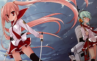 two Anime character with wearing school uniform with swords