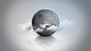gray planet wallpaper, digital art, sphere, reflection, clouds