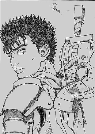 man in armor sketch, drawing, Guts, Berserk, manga