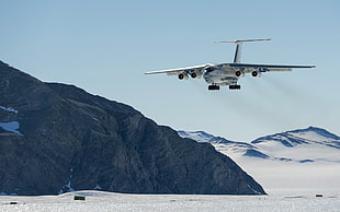 white plane above snowy mountain photo