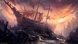 ship on land illustration, fantasy art, illustration, colorful, painting HD wallpaper